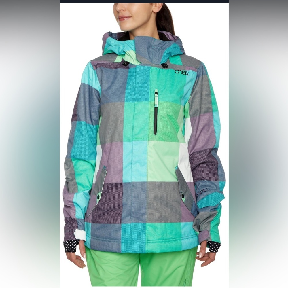 SOLD O'Neill Women's Blue and Green Plaid Ski Jacket - Picture 1 of 16
